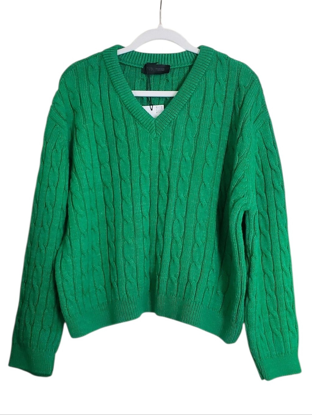 Zara Cable Knit V-neck Longsleeve Sweater Preppy Kelly Green Retro Pop Varsity M